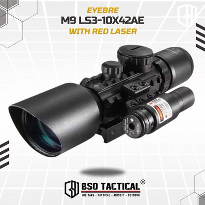 Eyebre M9 LS3-10x42E Optic Tactical Scope with Red Laser Sight Full Metal