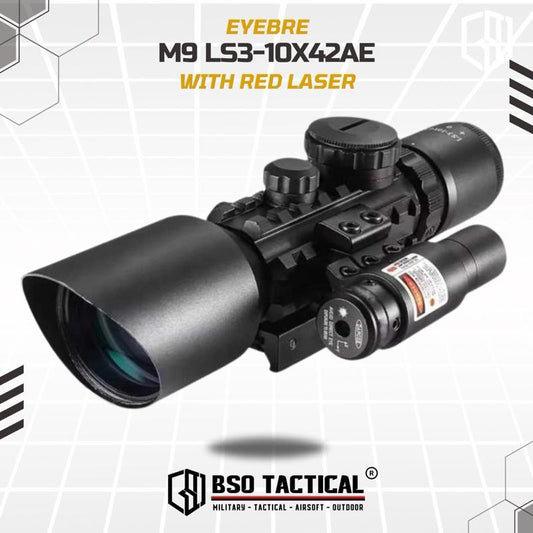 Eyebre M9 LS3-10x42E Optic Tactical Scope with Red Laser Sight Full Metal