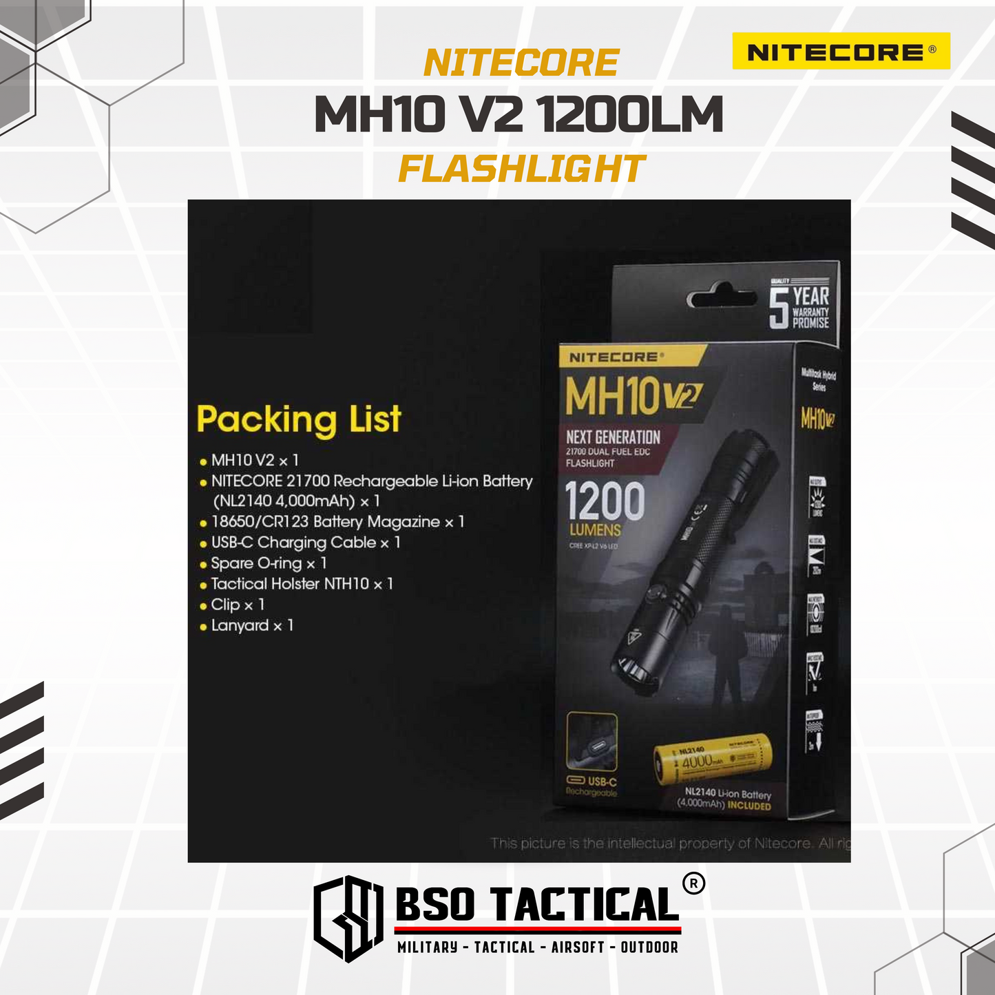 NITECORE MH10 V2 CREE L2 V6 LED 1200LM Tactical Flashlight - ORI