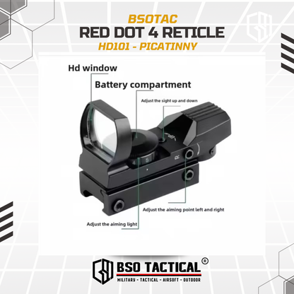 Red Green Dot Scope 4 Reticle Picatiny Mount Full Metal HD Glass - HD101
