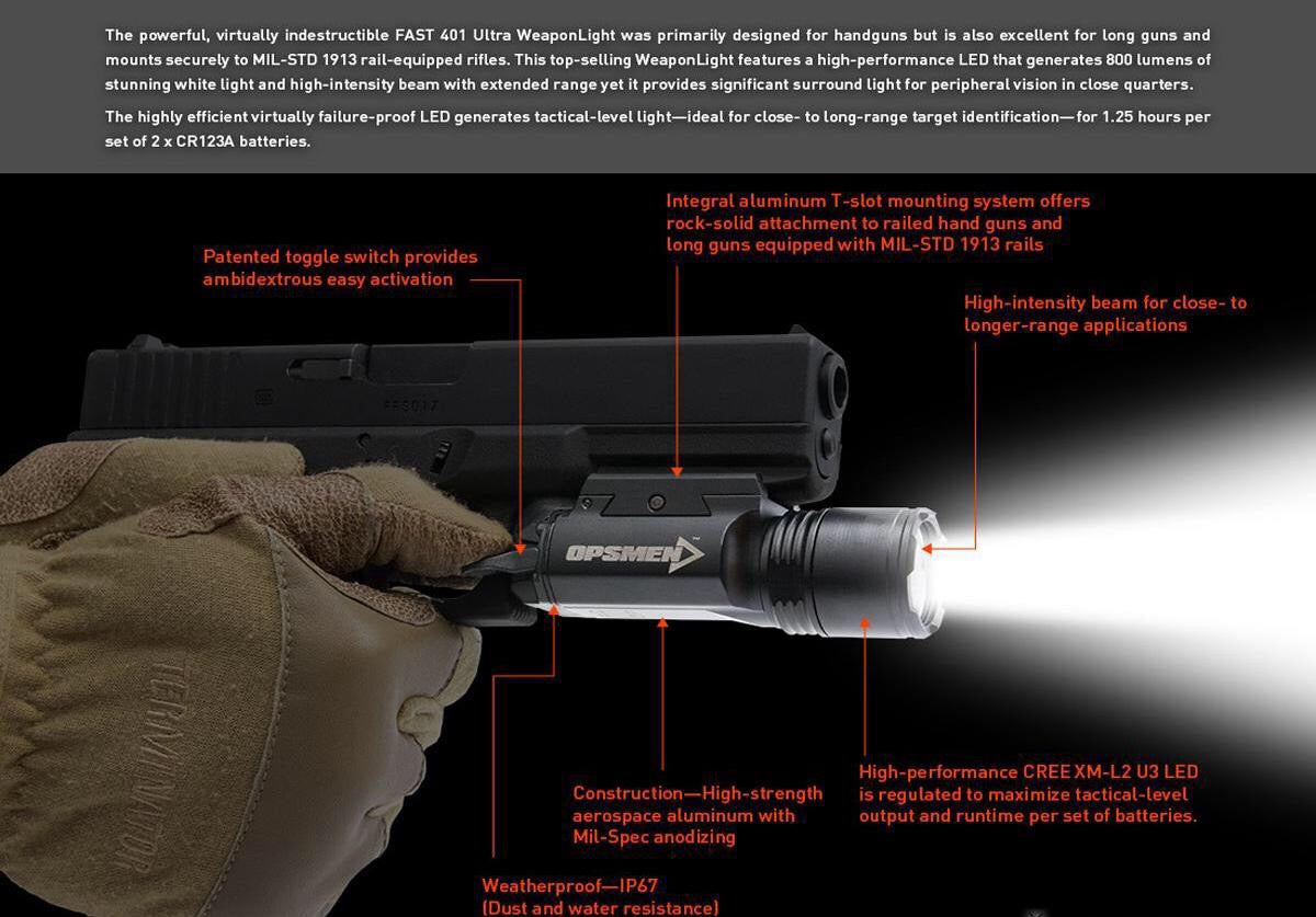 Senter Tactical LED Flashlight Opsmen Fast 401 Weapon Light 800 Lumens
