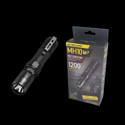 Nitecore MH10 V2 flashlight with packaging on a geometric pattern background