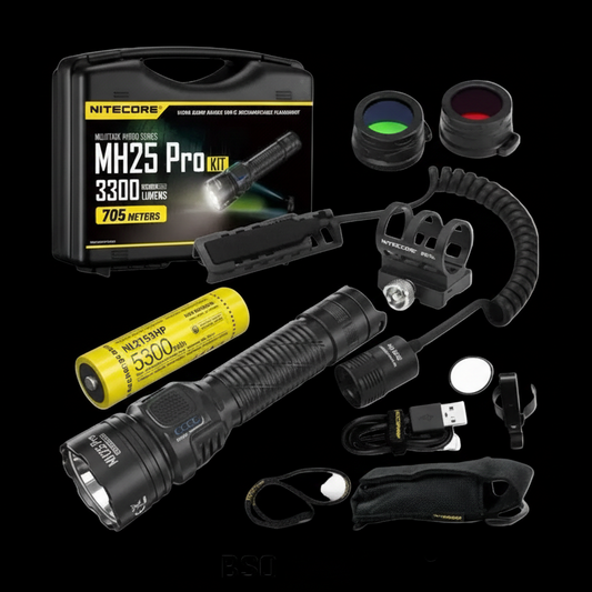 Nitecore MH25 Pro Kit with flashlight, accessories, and packaging on a white background.