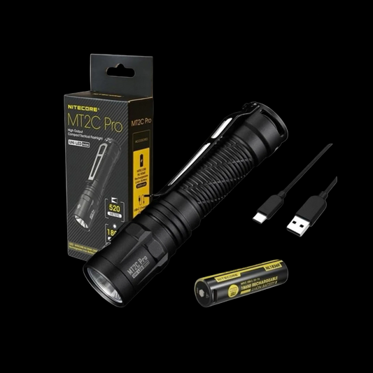 Nitecore MT2C Pro tactical flashlight with packaging, battery, and USB cable on a white background.
