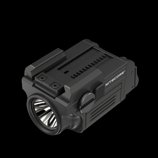Nitecore NPL25 compact tactical flashlight on a geometric patterned background