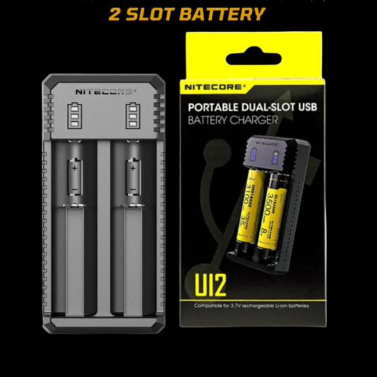 Nitecore battery and charger set with packaging on a geometric patterned background