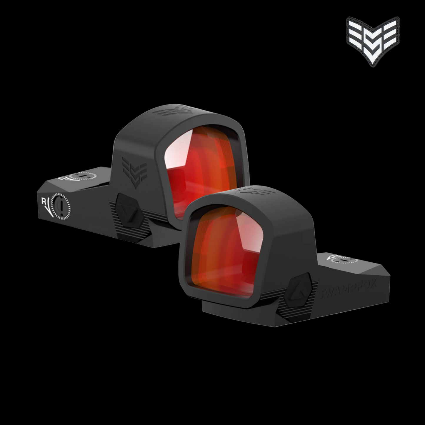 Tactical red dot sight with 'Swampfox 1x30 Justice II' text on a white background