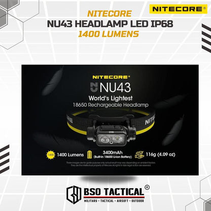 Senter Kepala Nitecore NU43 Headlamp LED Lightweight IP68 1400LM Baterai