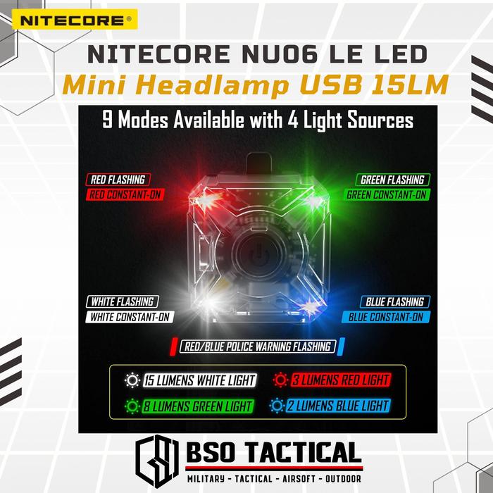 Lampu Nitecore NU06 LE LED Mini Headlamp USB 15LM Tactical Signal Lamp