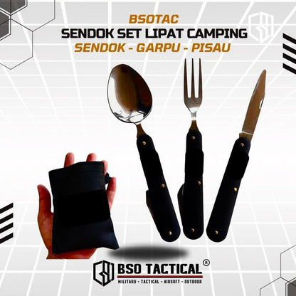 Sendok Lipat Garpu Set Outdoor Camping Spoon Forks with Pouch Black Alat Makan Outdoor untukCamping Cooking