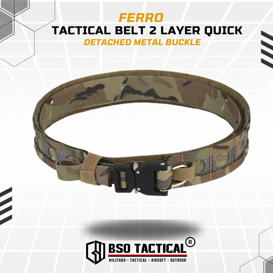 Ferro Style Bison Tactical Belt 2 Layer Quick Detach Metal Buckle IPSC Outdoor Multicam & Black 500D CORDURA Nylon Ringan dan Profil Rendah