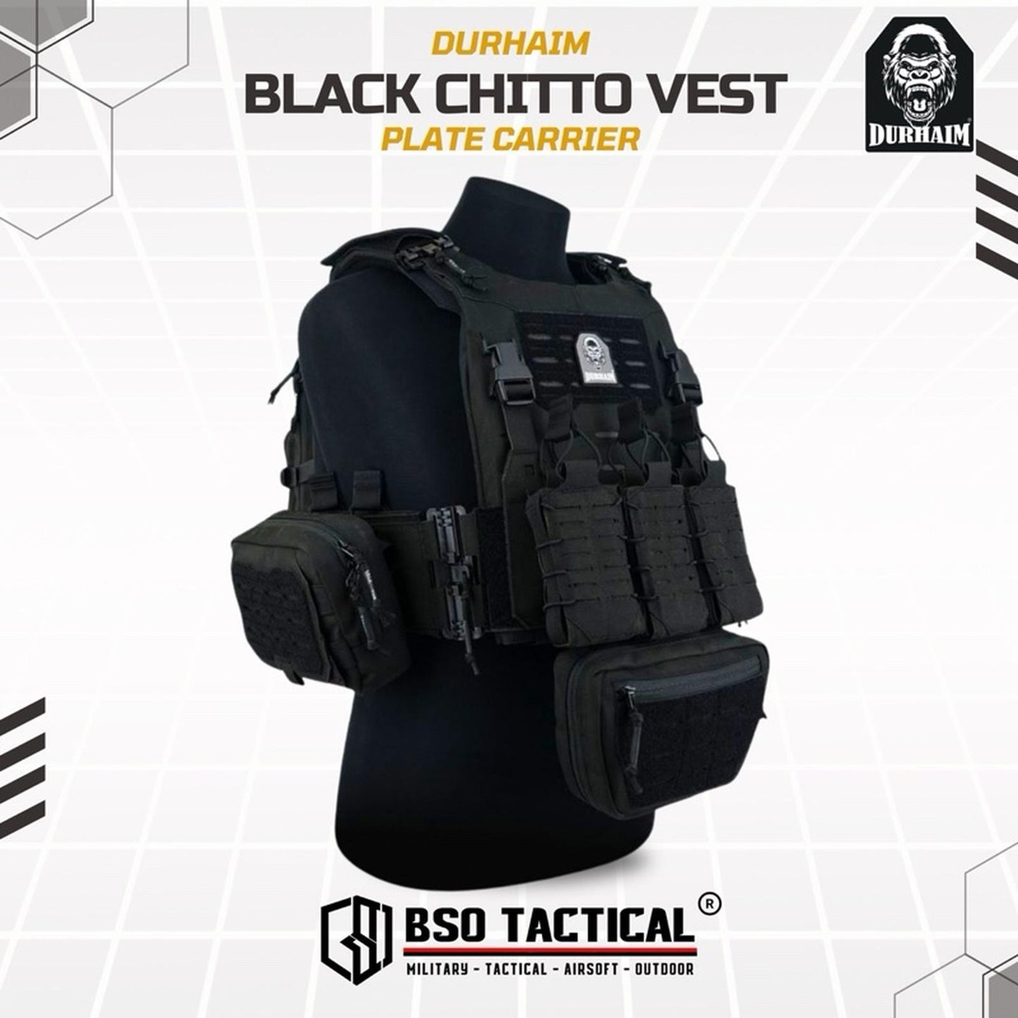 Durhaim Black Chitto Mark II Plate Carrier Tactical Vest Full Set Rompi Outdoor - ORIGINAL