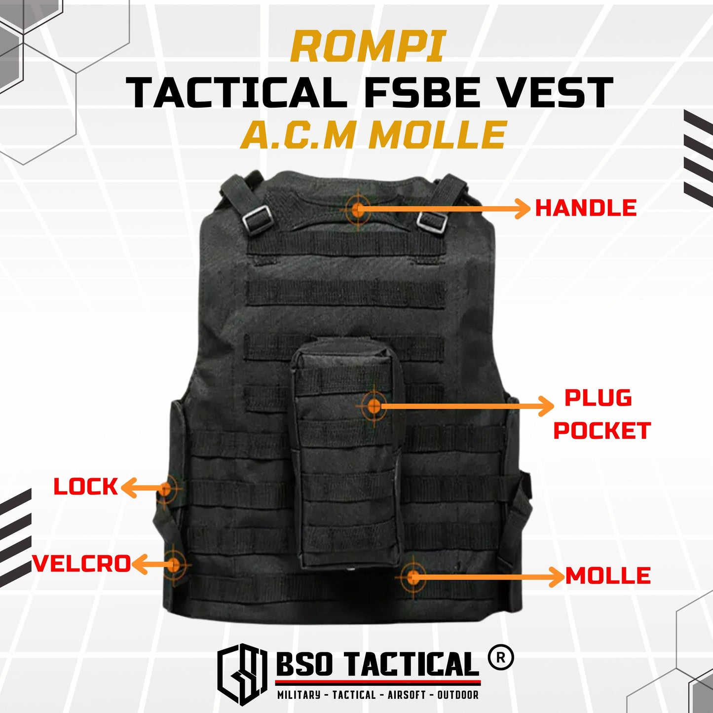 Rompi Outdoor FSBE Molle Outdoor Vest Body Protection with Pouch for Outdoor Gym Hyrox Fitness Olahraga Luar Ruangan Sport