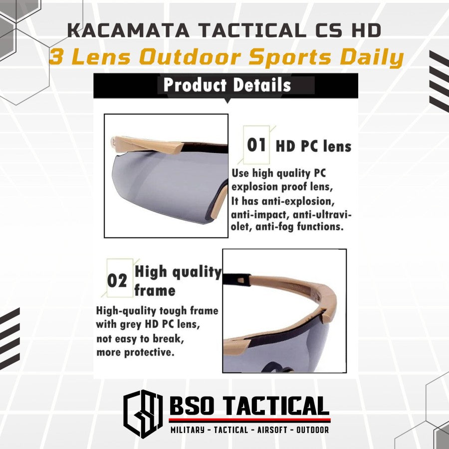 Kacamata Tactical CS HD 3 Lens Outdoor Sports Daily Casual Sun Glasses Sunglasses Eyewear