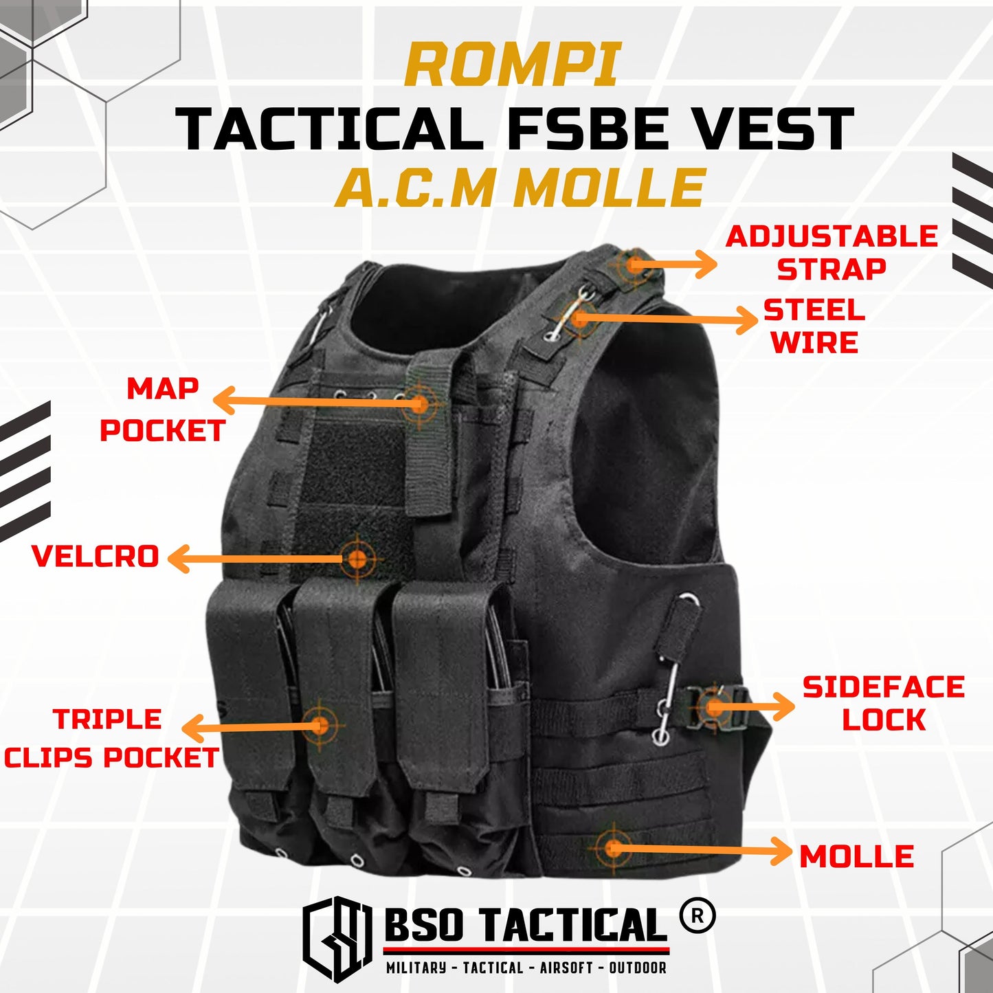 Rompi Outdoor FSBE Molle Outdoor Vest Body Protection with Pouch for Outdoor Gym Hyrox Fitness Olahraga Luar Ruangan Sport